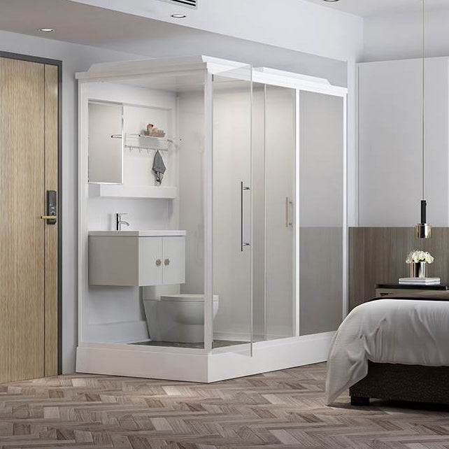 White Shower Stall Framed Single Sliding Rectangle Shower Kit Clearhalo 'Bathroom Remodel & Bathroom Fixtures' 'Home Improvement' 'home_improvement' 'home_improvement_shower_stalls_enclosures' 'Shower Stalls & Enclosures' 'shower_stalls_enclosures' 'Showers & Bathtubs' 7237430