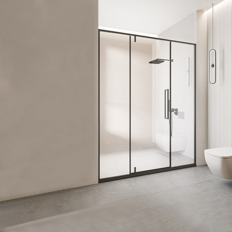 Black Full Frame One-line Pivot Door, Tempered Glass Shower Door Left Clearhalo 'Bathroom Remodel & Bathroom Fixtures' 'Home Improvement' 'home_improvement' 'home_improvement_shower_tub_doors' 'Shower and Tub Doors' 'shower_tub_doors' 'Showers & Bathtubs' 7237985
