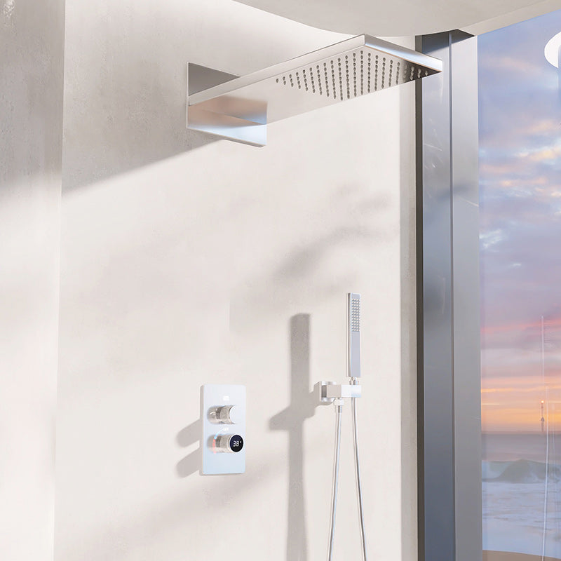 Modern Shower Head Combo Brass Wall Mounted Temperature Control Shower Set Silver Digital Display Included Clearhalo 'Bathroom Remodel & Bathroom Fixtures' 'Home Improvement' 'home_improvement' 'home_improvement_shower_faucets' 'Shower Faucets & Systems' 'shower_faucets' 'Showers & Bathtubs Plumbing' 'Showers & Bathtubs' 7238434