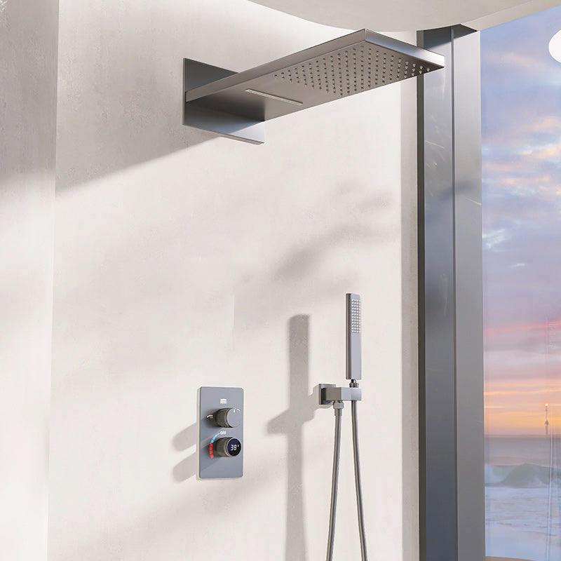 Modern Shower Head Combo Brass Wall Mounted Temperature Control Shower Set Gun Grey Digital Display Included Clearhalo 'Bathroom Remodel & Bathroom Fixtures' 'Home Improvement' 'home_improvement' 'home_improvement_shower_faucets' 'Shower Faucets & Systems' 'shower_faucets' 'Showers & Bathtubs Plumbing' 'Showers & Bathtubs' 7238442