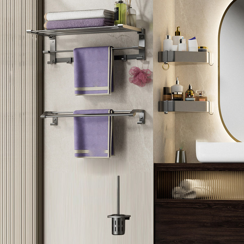 Modern Grey Bath Hardware Set Bath Shelf Towel Bar Bathroom Accessory Kit 5-Piece Set (Double Rods) Clearhalo 'Bathroom Hardware Sets' 'Bathroom Hardware' 'Bathroom Remodel & Bathroom Fixtures' 'bathroom_hardware_sets' 'Home Improvement' 'home_improvement' 'home_improvement_bathroom_hardware_sets' 7238475