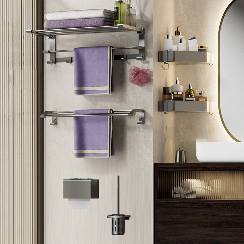 Modern Grey Bath Hardware Set Bath Shelf Towel Bar Bathroom Accessory Kit 6-Piece Set (Double Rods) Clearhalo 'Bathroom Hardware Sets' 'Bathroom Hardware' 'Bathroom Remodel & Bathroom Fixtures' 'bathroom_hardware_sets' 'Home Improvement' 'home_improvement' 'home_improvement_bathroom_hardware_sets' 7238481