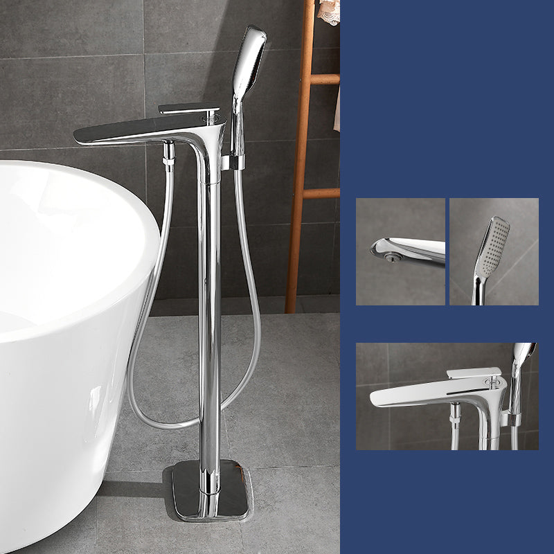 Floor Mount Bathroom Faucet Solid Color Low Arc Freestanding Tub Faucet Silver Lever Handles Hand Shower Included Clearhalo 'Bathroom Remodel & Bathroom Fixtures' 'Bathtub Faucets' 'bathtub_faucets' 'Home Improvement' 'home_improvement' 'home_improvement_bathtub_faucets' 7241849