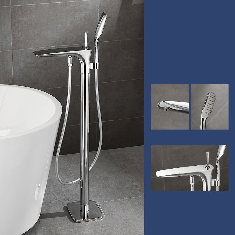 Floor Mount Bathroom Faucet Solid Color Low Arc Freestanding Tub Faucet Silver Thin Faucet Hand Shower Included Clearhalo 'Bathroom Remodel & Bathroom Fixtures' 'Bathtub Faucets' 'bathtub_faucets' 'Home Improvement' 'home_improvement' 'home_improvement_bathtub_faucets' 7241851