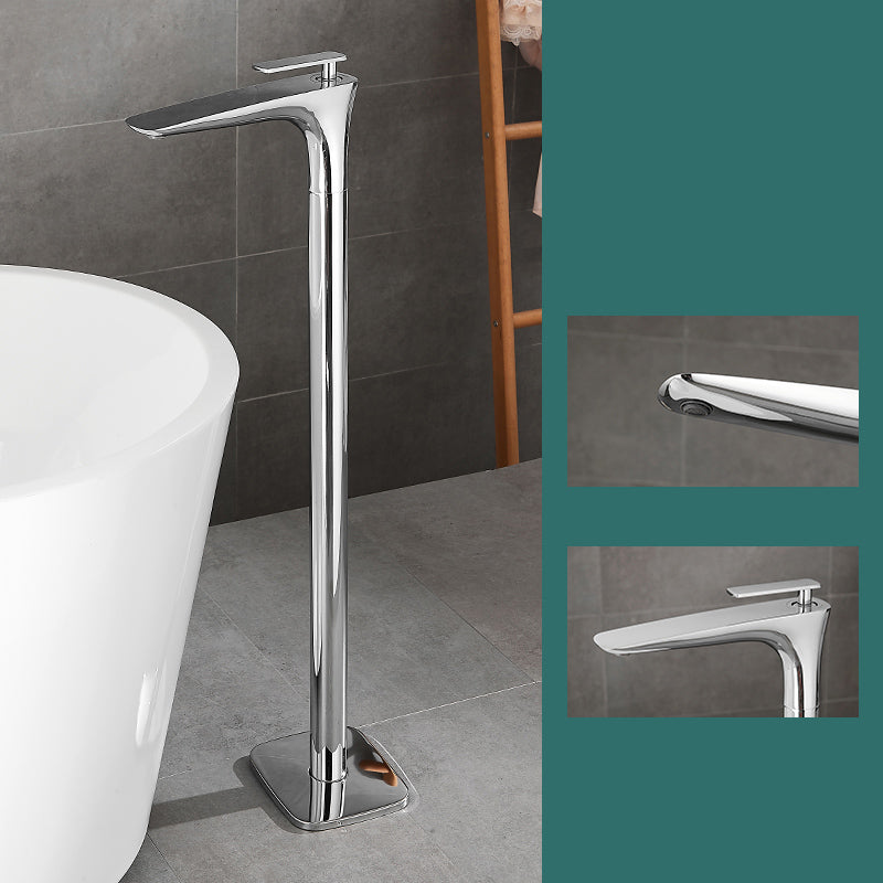 Floor Mount Bathroom Faucet Solid Color Low Arc Freestanding Tub Faucet Silver Lever Handles Hand Shower Not Included Clearhalo 'Bathroom Remodel & Bathroom Fixtures' 'Bathtub Faucets' 'bathtub_faucets' 'Home Improvement' 'home_improvement' 'home_improvement_bathtub_faucets' 7241853