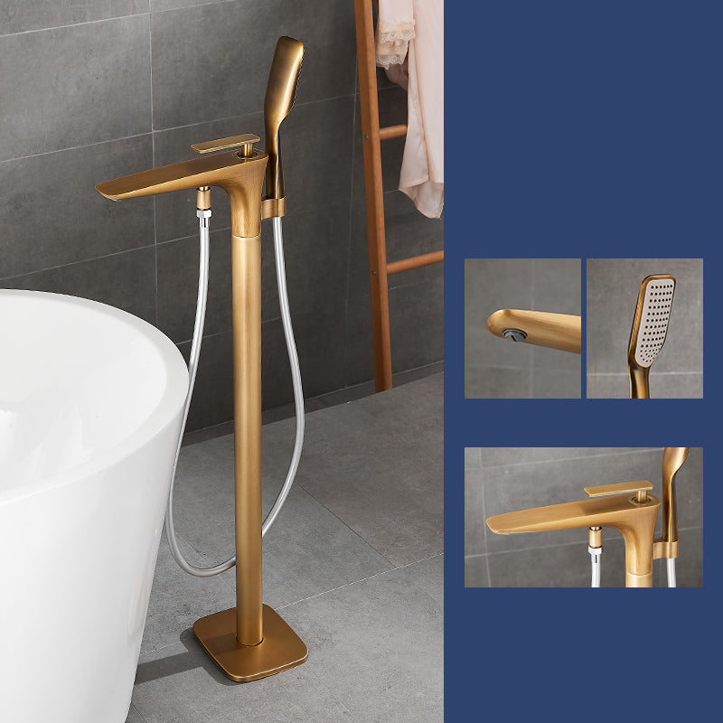 Floor Mount Bathroom Faucet Solid Color Low Arc Freestanding Tub Faucet Bronze Lever Handles Hand Shower Included Clearhalo 'Bathroom Remodel & Bathroom Fixtures' 'Bathtub Faucets' 'bathtub_faucets' 'Home Improvement' 'home_improvement' 'home_improvement_bathtub_faucets' 7241856