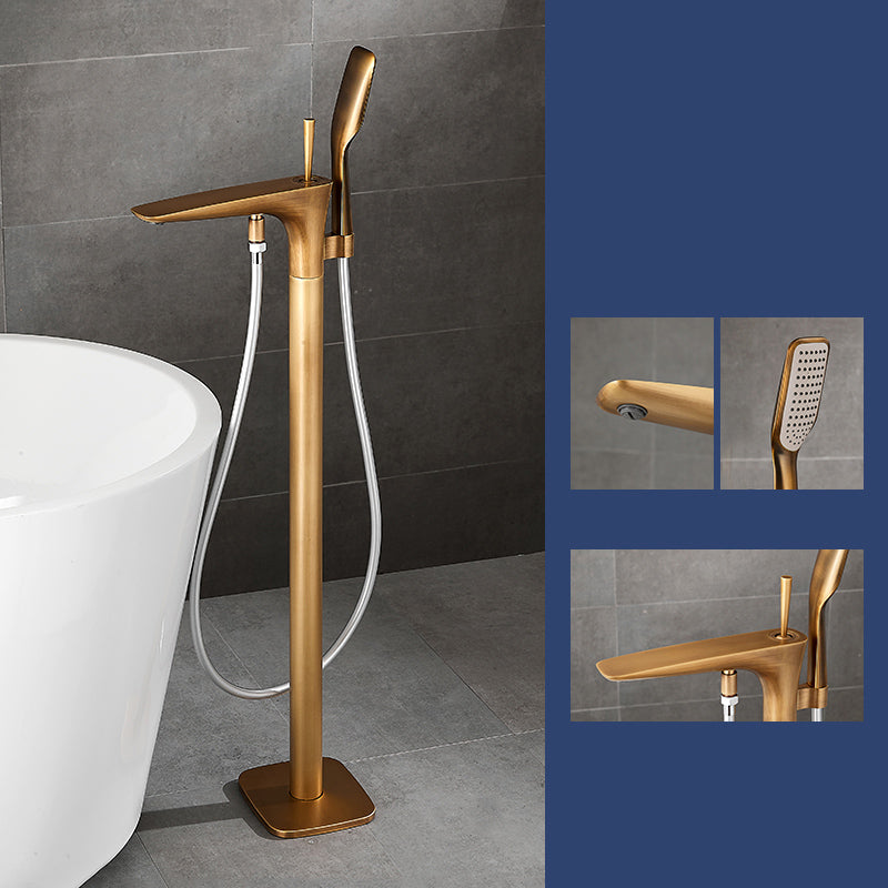 Floor Mount Bathroom Faucet Solid Color Low Arc Freestanding Tub Faucet Bronze Thin Faucet Hand Shower Included Clearhalo 'Bathroom Remodel & Bathroom Fixtures' 'Bathtub Faucets' 'bathtub_faucets' 'Home Improvement' 'home_improvement' 'home_improvement_bathtub_faucets' 7241858