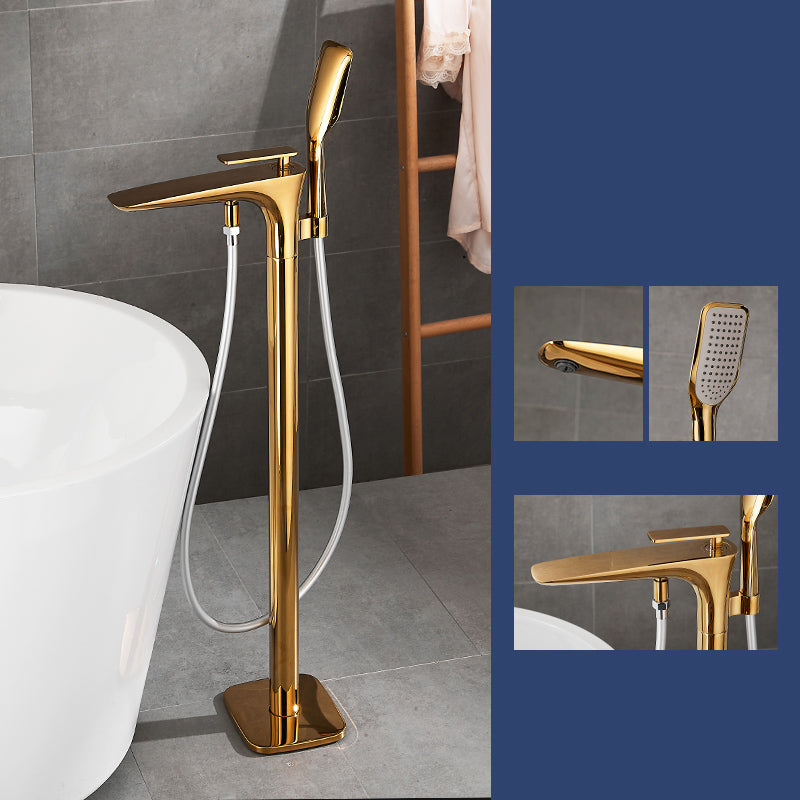 Floor Mount Bathroom Faucet Solid Color Low Arc Freestanding Tub Faucet Gold Lever Handles Hand Shower Included Clearhalo 'Bathroom Remodel & Bathroom Fixtures' 'Bathtub Faucets' 'bathtub_faucets' 'Home Improvement' 'home_improvement' 'home_improvement_bathtub_faucets' 7241865