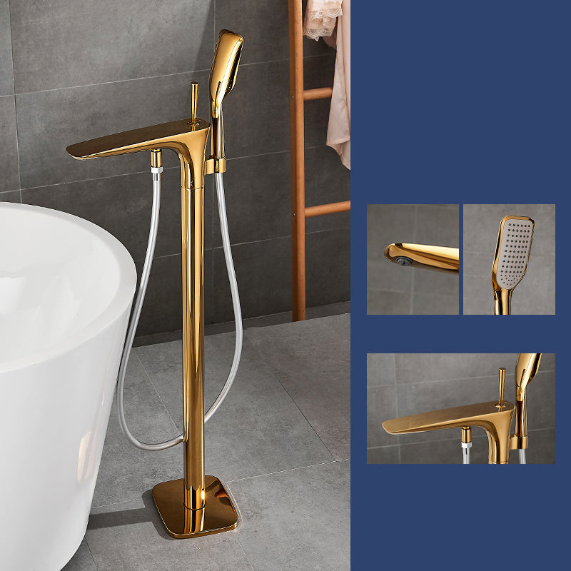 Floor Mount Bathroom Faucet Solid Color Low Arc Freestanding Tub Faucet Gold Thin Faucet Hand Shower Included Clearhalo 'Bathroom Remodel & Bathroom Fixtures' 'Bathtub Faucets' 'bathtub_faucets' 'Home Improvement' 'home_improvement' 'home_improvement_bathtub_faucets' 7241867