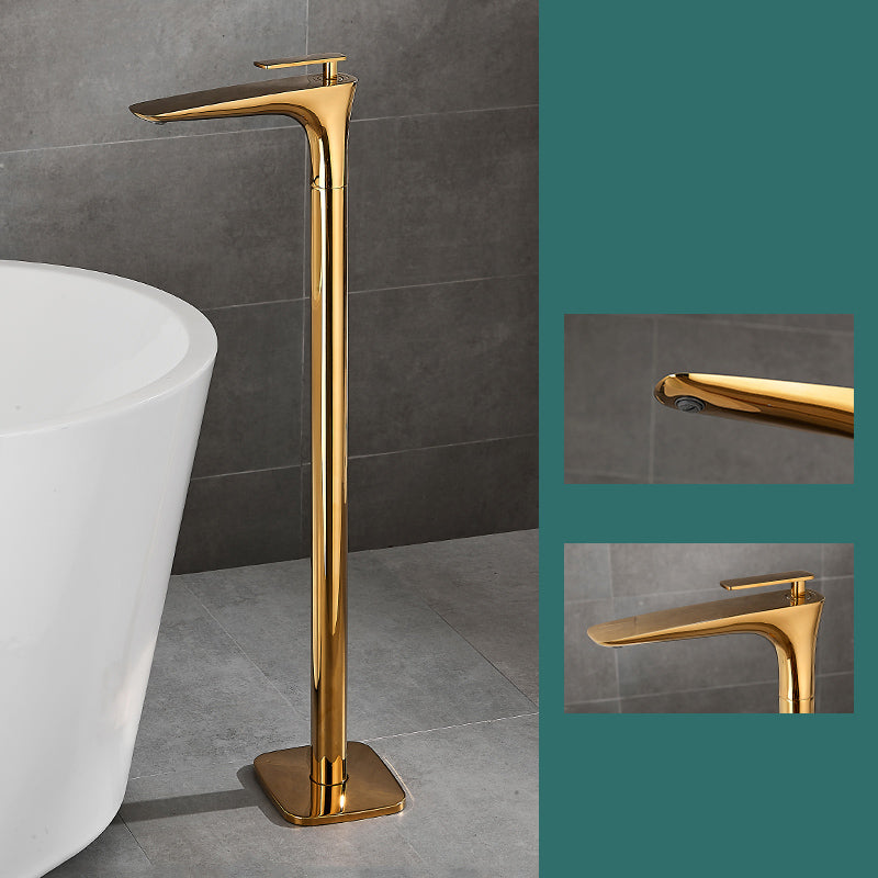Floor Mount Bathroom Faucet Solid Color Low Arc Freestanding Tub Faucet Gold Lever Handles Hand Shower Not Included Clearhalo 'Bathroom Remodel & Bathroom Fixtures' 'Bathtub Faucets' 'bathtub_faucets' 'Home Improvement' 'home_improvement' 'home_improvement_bathtub_faucets' 7241868
