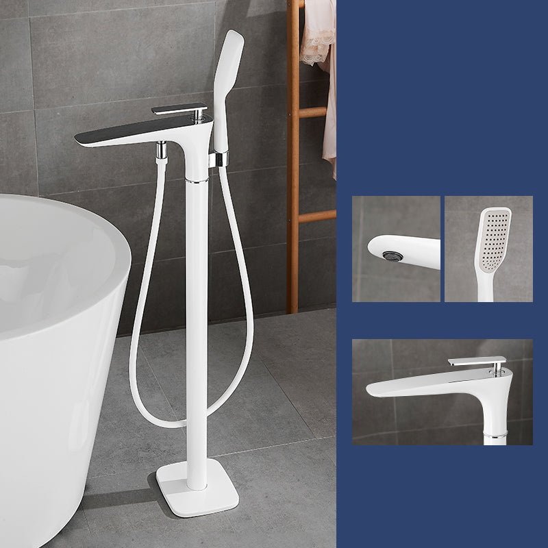 Floor Mount Bathroom Faucet Solid Color Low Arc Freestanding Tub Faucet White Lever Handles Hand Shower Included Clearhalo 'Bathroom Remodel & Bathroom Fixtures' 'Bathtub Faucets' 'bathtub_faucets' 'Home Improvement' 'home_improvement' 'home_improvement_bathtub_faucets' 7241870