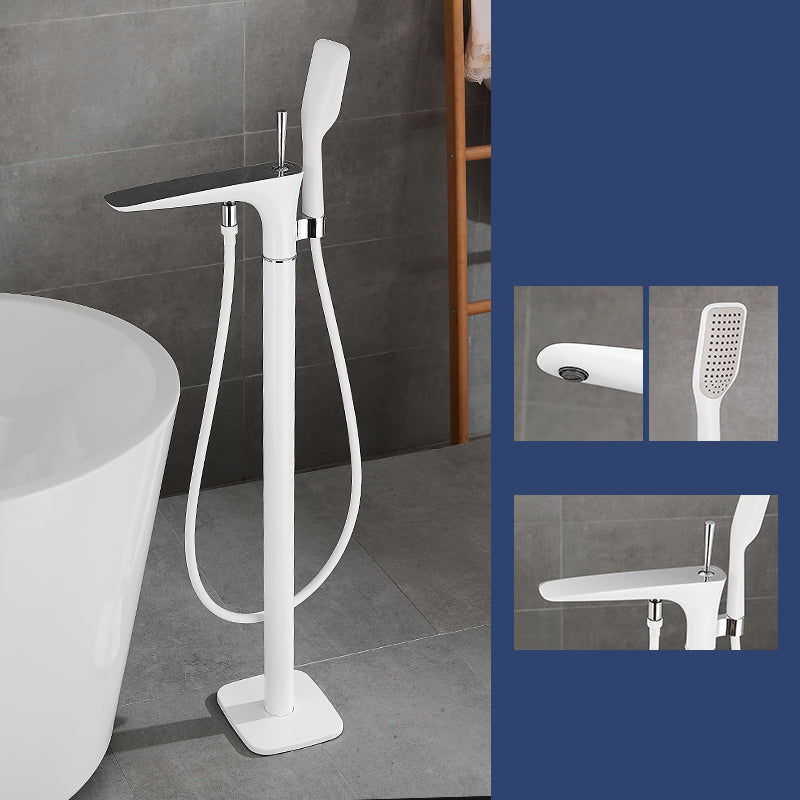 Floor Mount Bathroom Faucet Solid Color Low Arc Freestanding Tub Faucet White Thin Faucet Hand Shower Included Clearhalo 'Bathroom Remodel & Bathroom Fixtures' 'Bathtub Faucets' 'bathtub_faucets' 'Home Improvement' 'home_improvement' 'home_improvement_bathtub_faucets' 7241871