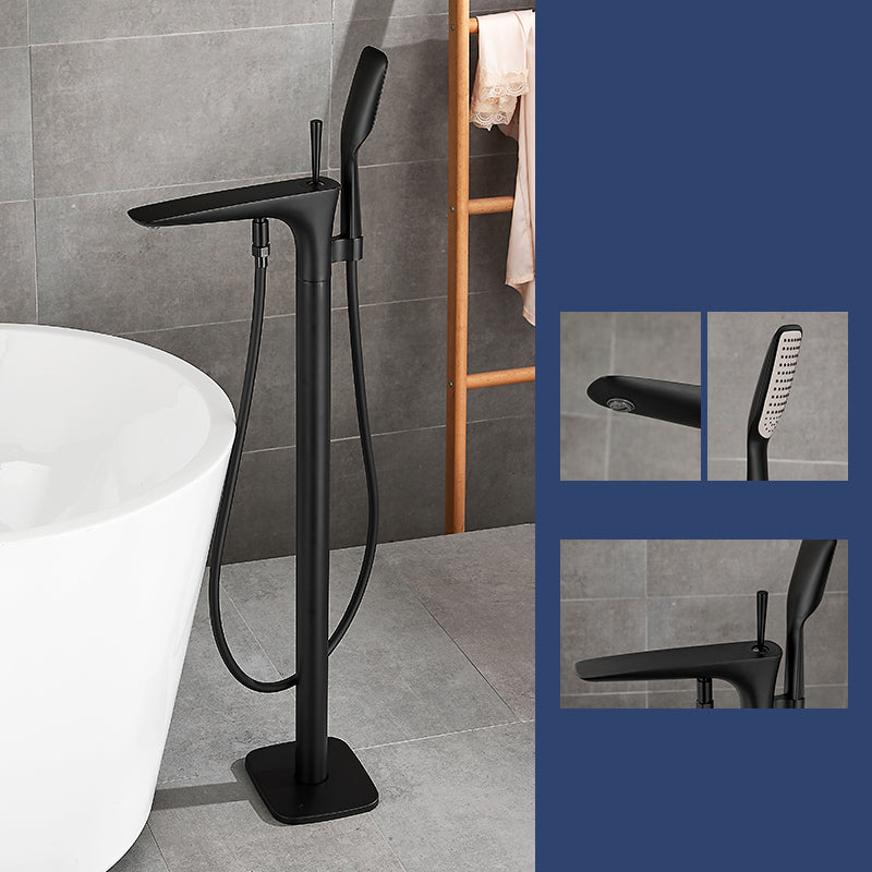 Floor Mount Bathroom Faucet Solid Color Low Arc Freestanding Tub Faucet Black Thin Faucet Hand Shower Included Clearhalo 'Bathroom Remodel & Bathroom Fixtures' 'Bathtub Faucets' 'bathtub_faucets' 'Home Improvement' 'home_improvement' 'home_improvement_bathtub_faucets' 7241875