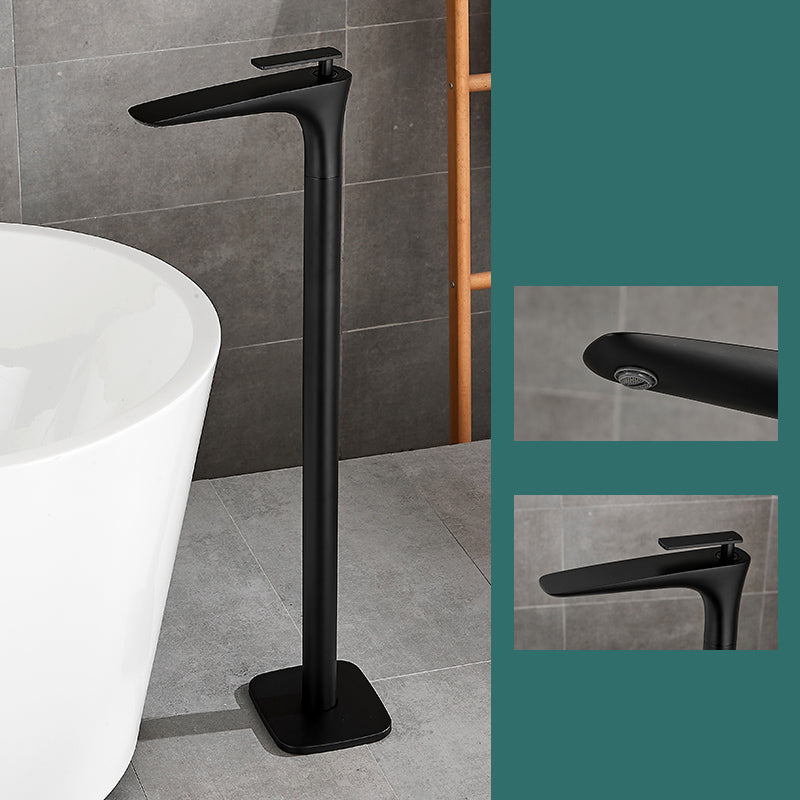 Floor Mount Bathroom Faucet Solid Color Low Arc Freestanding Tub Faucet Black Lever Handles Hand Shower Not Included Clearhalo 'Bathroom Remodel & Bathroom Fixtures' 'Bathtub Faucets' 'bathtub_faucets' 'Home Improvement' 'home_improvement' 'home_improvement_bathtub_faucets' 7241876