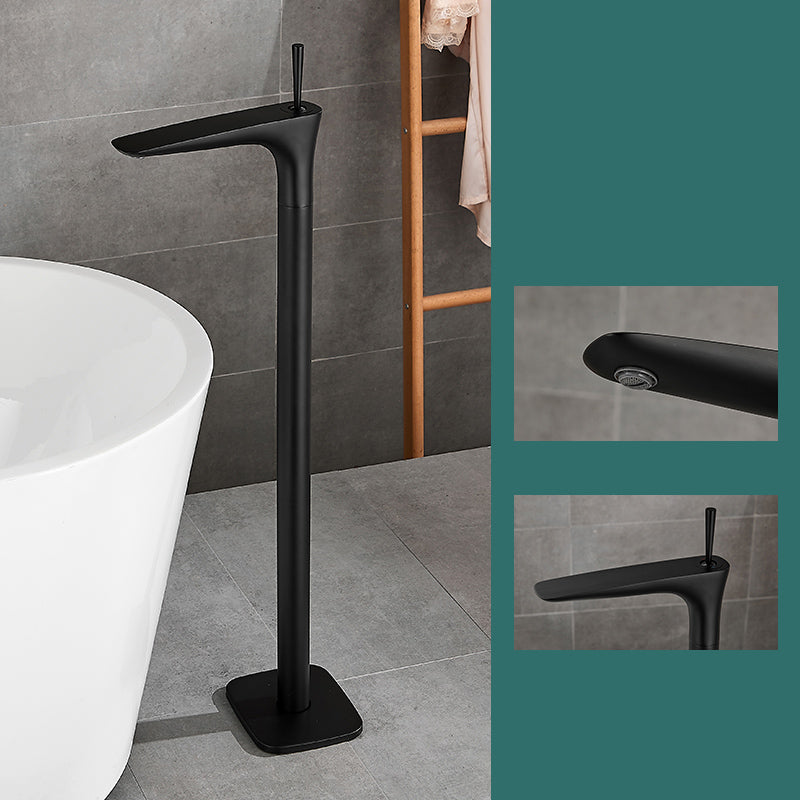 Floor Mount Bathroom Faucet Solid Color Low Arc Freestanding Tub Faucet Black Thin Faucet Hand Shower Not Included Clearhalo 'Bathroom Remodel & Bathroom Fixtures' 'Bathtub Faucets' 'bathtub_faucets' 'Home Improvement' 'home_improvement' 'home_improvement_bathtub_faucets' 7241877
