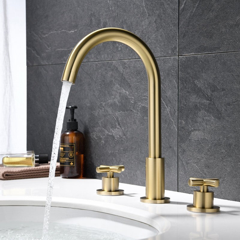 Luxury Lavatory Faucet 3 Holes Knob Handle Gooseneck Vanity Sink Faucet Gold Clearhalo 'Bathroom Remodel & Bathroom Fixtures' 'Bathroom Sink Faucets' 'Bathroom Sinks & Faucet Components' 'bathroom_sink_faucets' 'Home Improvement' 'home_improvement' 'home_improvement_bathroom_sink_faucets' 7242001