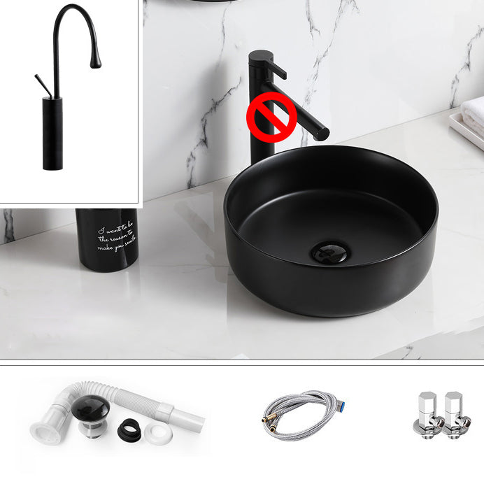 Modern Style Vessel Sink Pure Color Round Ceramic Vessel Sink Black Angle Valve with Cold and Hot Faucet Sink with Faucet Clearhalo 'Bathroom Remodel & Bathroom Fixtures' 'Bathroom Sinks & Faucet Components' 'Bathroom Sinks' 'bathroom_sink' 'Home Improvement' 'home_improvement' 'home_improvement_bathroom_sink' 7242045