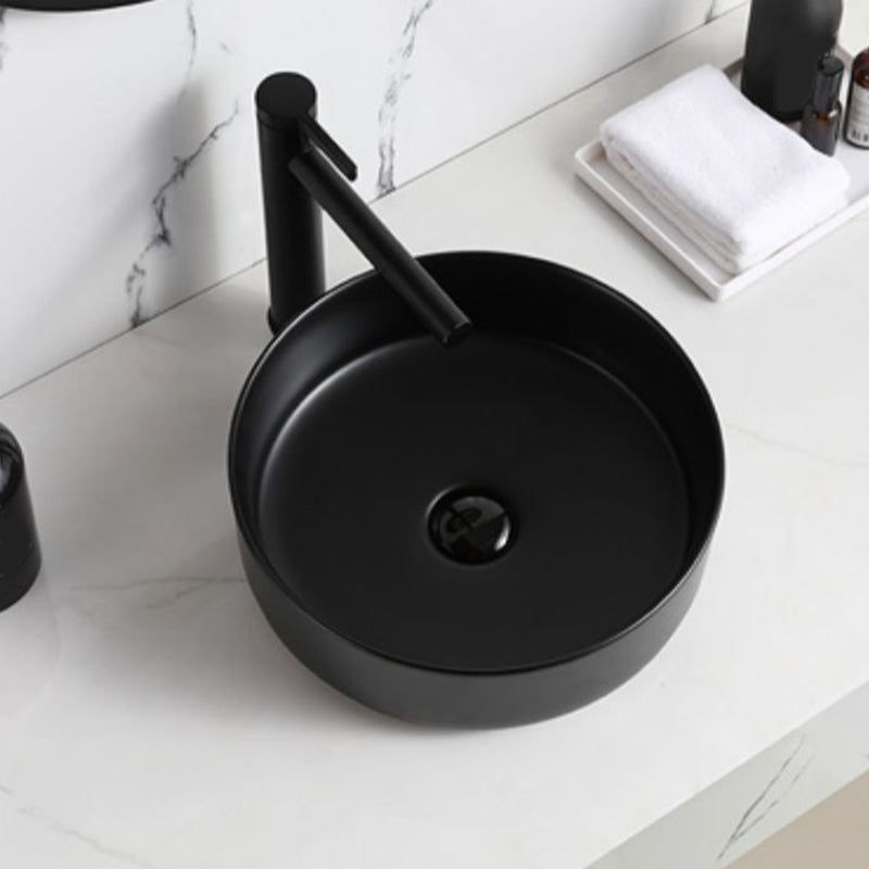 Modern Style Vessel Sink Pure Color Round Ceramic Vessel Sink Black Angle Valve & Swivel Faucet Sink with Faucet Clearhalo 'Bathroom Remodel & Bathroom Fixtures' 'Bathroom Sinks & Faucet Components' 'Bathroom Sinks' 'bathroom_sink' 'Home Improvement' 'home_improvement' 'home_improvement_bathroom_sink' 7242050