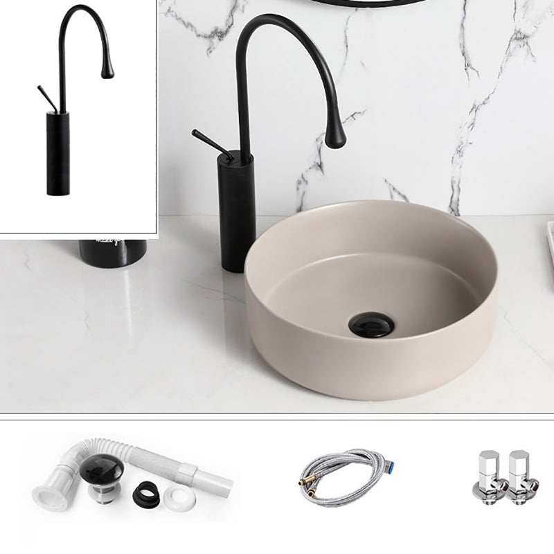Modern Style Vessel Sink Pure Color Round Ceramic Vessel Sink Khaki Angle Valve with Cold and Hot Faucet Sink with Faucet Clearhalo 'Bathroom Remodel & Bathroom Fixtures' 'Bathroom Sinks & Faucet Components' 'Bathroom Sinks' 'bathroom_sink' 'Home Improvement' 'home_improvement' 'home_improvement_bathroom_sink' 7242051