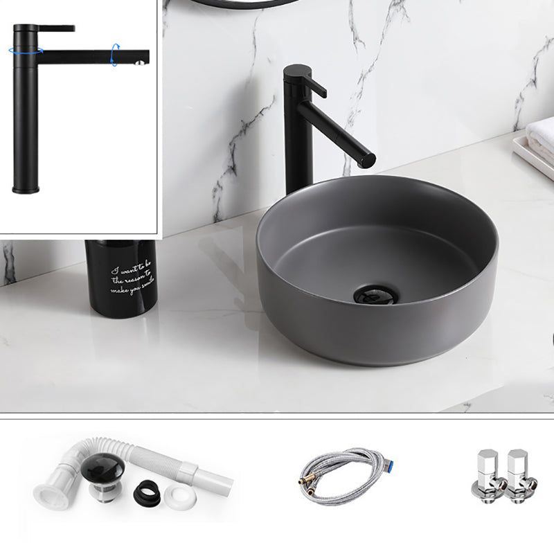 Modern Style Vessel Sink Pure Color Round Ceramic Vessel Sink Grey Angle Valve & Swivel Faucet Sink with Faucet Clearhalo 'Bathroom Remodel & Bathroom Fixtures' 'Bathroom Sinks & Faucet Components' 'Bathroom Sinks' 'bathroom_sink' 'Home Improvement' 'home_improvement' 'home_improvement_bathroom_sink' 7242056