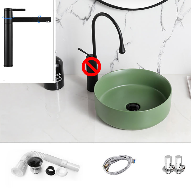 Modern Style Vessel Sink Pure Color Round Ceramic Vessel Sink Green Angle Valve & Swivel Faucet Sink with Faucet Clearhalo 'Bathroom Remodel & Bathroom Fixtures' 'Bathroom Sinks & Faucet Components' 'Bathroom Sinks' 'bathroom_sink' 'Home Improvement' 'home_improvement' 'home_improvement_bathroom_sink' 7242058