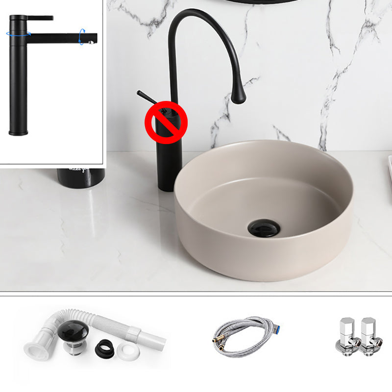 Modern Style Vessel Sink Pure Color Round Ceramic Vessel Sink Khaki Angle Valve & Swivel Faucet Sink with Faucet Clearhalo 'Bathroom Remodel & Bathroom Fixtures' 'Bathroom Sinks & Faucet Components' 'Bathroom Sinks' 'bathroom_sink' 'Home Improvement' 'home_improvement' 'home_improvement_bathroom_sink' 7242060