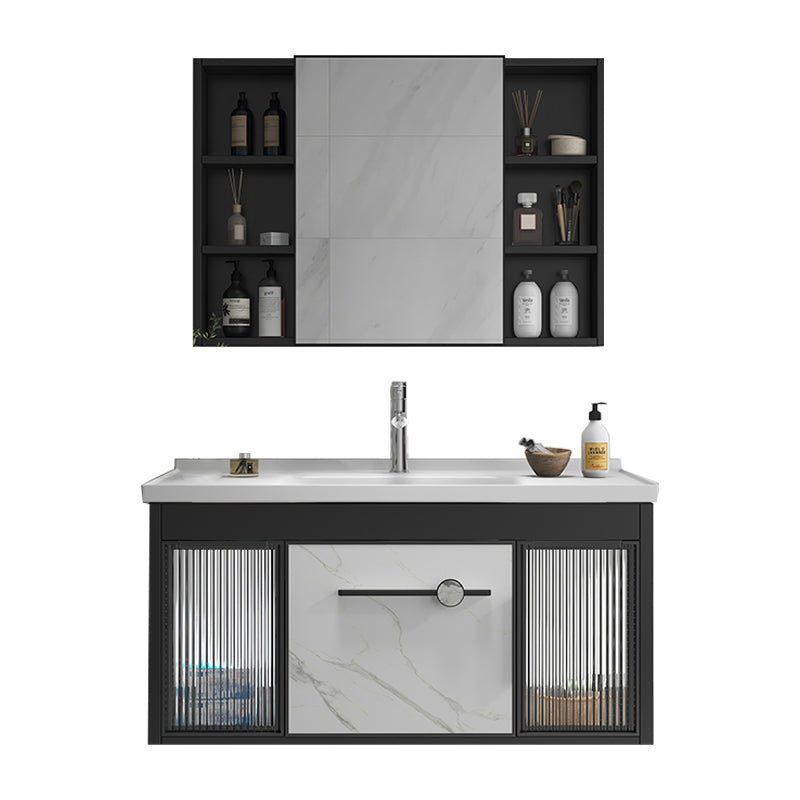 Single Sink Metal Frame Vanity Modern Black Wall Mount Rectangular Vanity Set Vanity & Faucet & Mirror Cabinet Clearhalo 'Bathroom Remodel & Bathroom Fixtures' 'Bathroom Vanities' 'bathroom_vanities' 'Home Improvement' 'home_improvement' 'home_improvement_bathroom_vanities' 7244622
