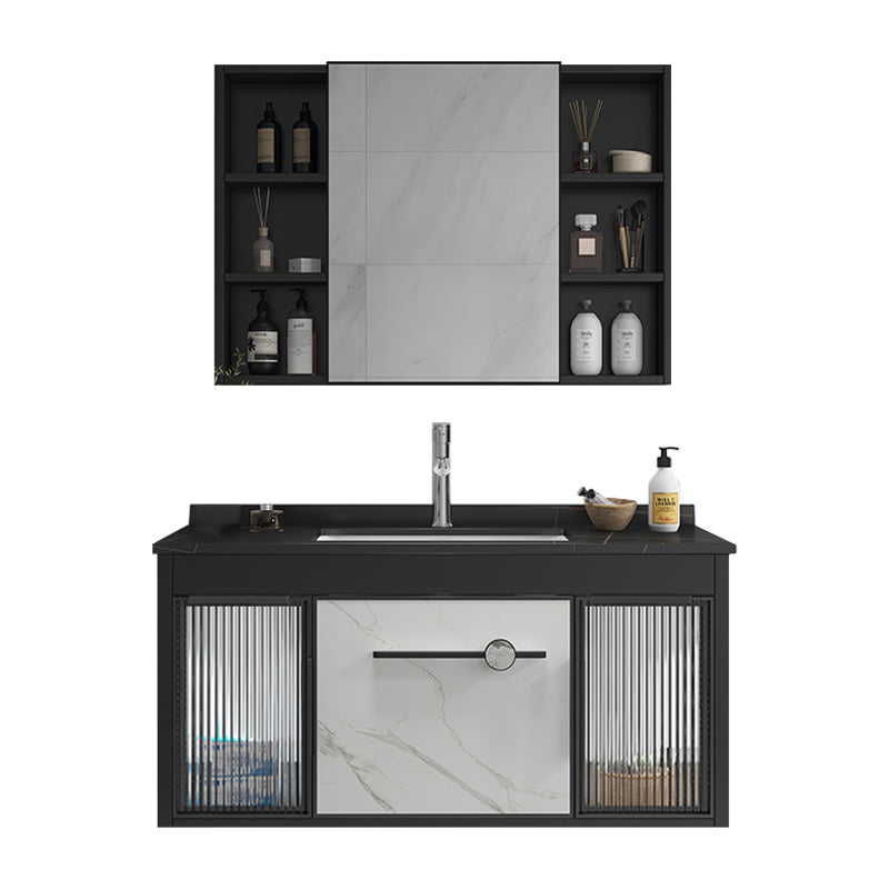 Single Sink Metal Frame Vanity Modern Black Wall Mount Rectangular Vanity Set Vanity & Faucet & Mirror Cabinet Clearhalo 'Bathroom Remodel & Bathroom Fixtures' 'Bathroom Vanities' 'bathroom_vanities' 'Home Improvement' 'home_improvement' 'home_improvement_bathroom_vanities' 7244624