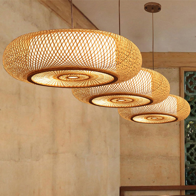 Curved Drum Pendant Lighting Tradition Bamboo 2/3 Bulbs 18"/23.5" Wide Wood Ceiling Hanging Light Clearhalo 'Ceiling Lights' 'Modern Pendants' 'Modern' 'Pendant Lights' 'Pendants' Lighting' 724907