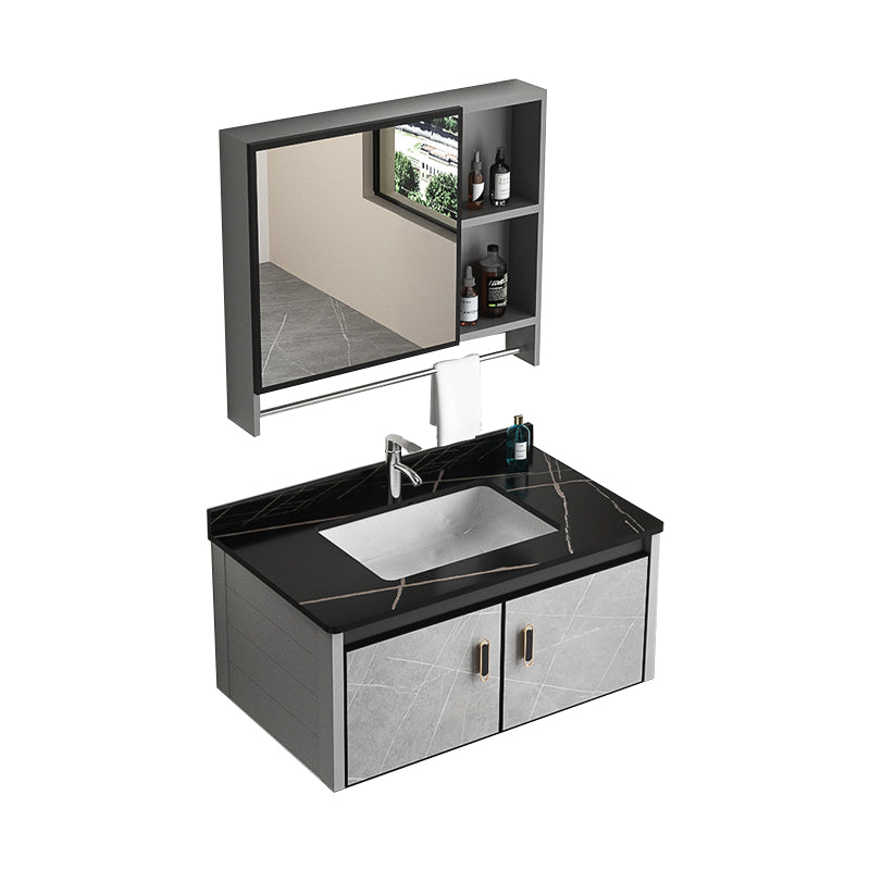 Modern Metal Sink Vanity Wood Wall Mount Faucet Included Bathroom Vanity Vanity & Faucet & Mirror Cabinet 31"L x 19"W x 16"H Black Clearhalo 'Bathroom Remodel & Bathroom Fixtures' 'Bathroom Vanities' 'bathroom_vanities' 'Home Improvement' 'home_improvement' 'home_improvement_bathroom_vanities' 7250327