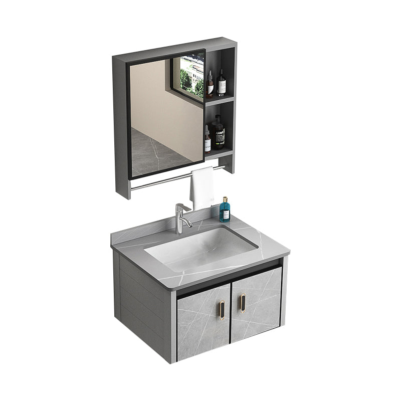 Modern Metal Sink Vanity Wood Wall Mount Faucet Included Bathroom Vanity Vanity & Faucet & Mirror Cabinet 24"L x 19"W x 16"H Gray Clearhalo 'Bathroom Remodel & Bathroom Fixtures' 'Bathroom Vanities' 'bathroom_vanities' 'Home Improvement' 'home_improvement' 'home_improvement_bathroom_vanities' 7250329