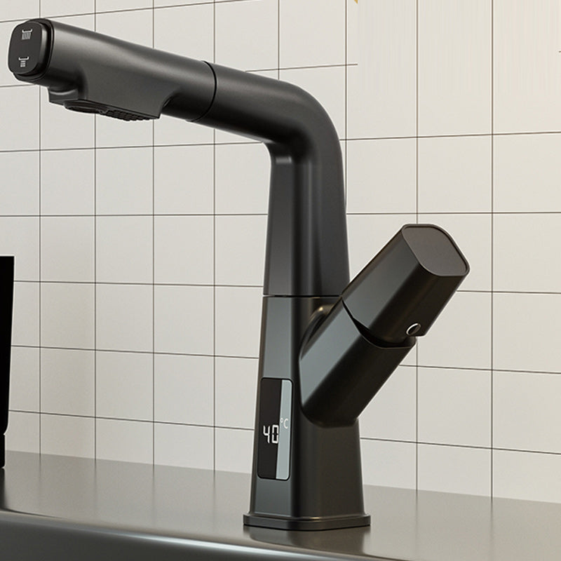 Modern Vessel Sink Faucet Knob Handle Swivel Spout with Pull Down Sprayer Black Digital Display Included Clearhalo 'Bathroom Remodel & Bathroom Fixtures' 'Bathroom Sink Faucets' 'Bathroom Sinks & Faucet Components' 'bathroom_sink_faucets' 'Home Improvement' 'home_improvement' 'home_improvement_bathroom_sink_faucets' 7253365