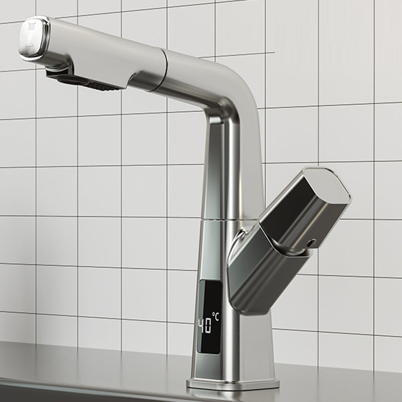 Modern Vessel Sink Faucet Knob Handle Swivel Spout with Pull Down Sprayer Silver Digital Display Included Clearhalo 'Bathroom Remodel & Bathroom Fixtures' 'Bathroom Sink Faucets' 'Bathroom Sinks & Faucet Components' 'bathroom_sink_faucets' 'Home Improvement' 'home_improvement' 'home_improvement_bathroom_sink_faucets' 7253366