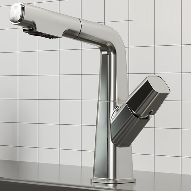 Modern Vessel Sink Faucet Knob Handle Swivel Spout with Pull Down Sprayer Silver Digital Display Not Included Clearhalo 'Bathroom Remodel & Bathroom Fixtures' 'Bathroom Sink Faucets' 'Bathroom Sinks & Faucet Components' 'bathroom_sink_faucets' 'Home Improvement' 'home_improvement' 'home_improvement_bathroom_sink_faucets' 7253374