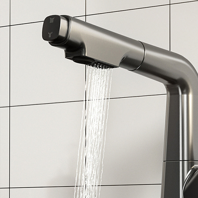 Modern Vessel Sink Faucet Knob Handle Swivel Spout with Pull Down Sprayer Clearhalo 'Bathroom Remodel & Bathroom Fixtures' 'Bathroom Sink Faucets' 'Bathroom Sinks & Faucet Components' 'bathroom_sink_faucets' 'Home Improvement' 'home_improvement' 'home_improvement_bathroom_sink_faucets' 7253379