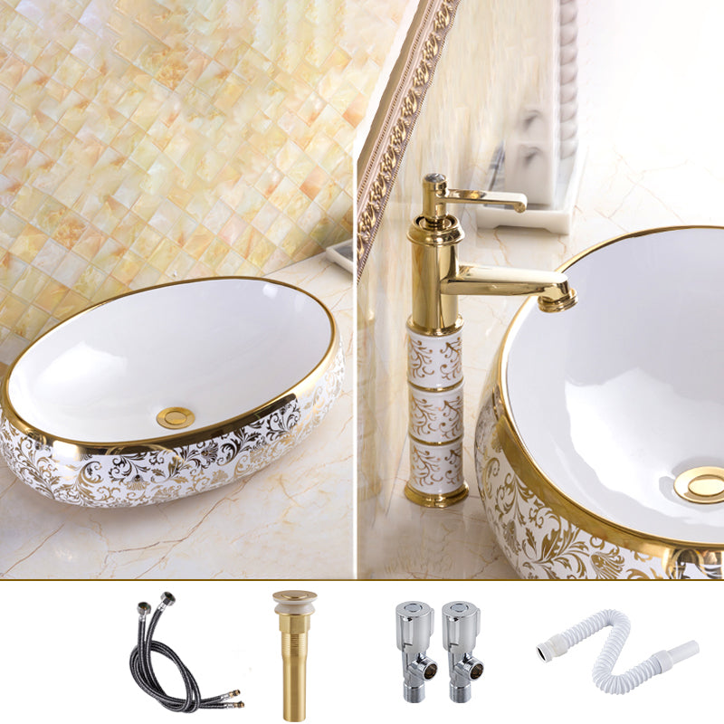 Traditional Vessel Sink Oval Porcelain with Pop-Up Drain and Faucet Vessel Lavatory Sink 23.6"L x 15.7"W x 5.9"H Gold Sink with Faucet Clearhalo 'Bathroom Remodel & Bathroom Fixtures' 'Bathroom Sinks & Faucet Components' 'Bathroom Sinks' 'bathroom_sink' 'Home Improvement' 'home_improvement' 'home_improvement_bathroom_sink' 7253540