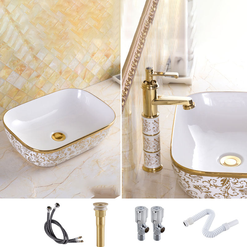 Traditional Vessel Sink Oval Porcelain with Pop-Up Drain and Faucet Vessel Lavatory Sink 18.1"L x 12.8"W x 5.3"H Champagne Gold Sink with Faucet Clearhalo 'Bathroom Remodel & Bathroom Fixtures' 'Bathroom Sinks & Faucet Components' 'Bathroom Sinks' 'bathroom_sink' 'Home Improvement' 'home_improvement' 'home_improvement_bathroom_sink' 7253542