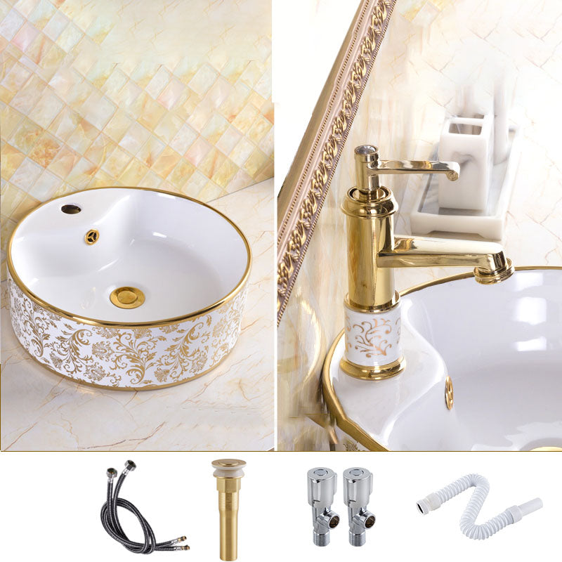 Traditional Vessel Sink Oval Porcelain with Pop-Up Drain and Faucet Vessel Lavatory Sink 15.9"L x 15.9"W x 5.7"H Gold-White Sink with Faucet Clearhalo 'Bathroom Remodel & Bathroom Fixtures' 'Bathroom Sinks & Faucet Components' 'Bathroom Sinks' 'bathroom_sink' 'Home Improvement' 'home_improvement' 'home_improvement_bathroom_sink' 7253544