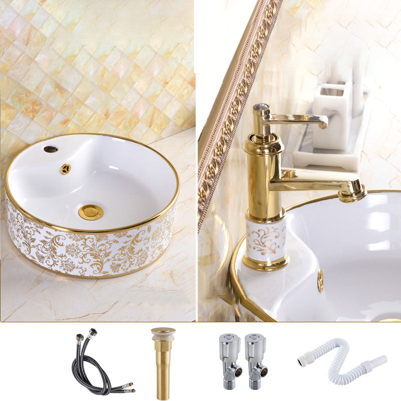 Traditional Vessel Sink Porcelain with Pop-Up Drain and Faucet Vessel Lavatory Sink 15.9"L x 15.9"W x 5.7"H Gold-White Sink with Faucet Clearhalo 'Bathroom Remodel & Bathroom Fixtures' 'Bathroom Sinks & Faucet Components' 'Bathroom Sinks' 'bathroom_sink' 'Home Improvement' 'home_improvement' 'home_improvement_bathroom_sink' 7253544