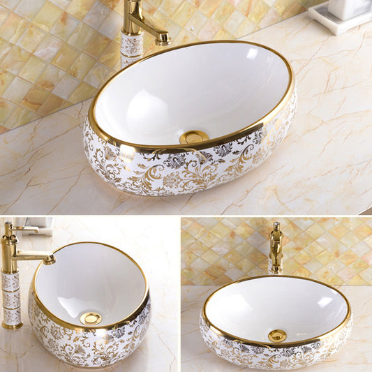 Traditional Vessel Sink Oval Porcelain with Pop-Up Drain and Faucet Vessel Lavatory Sink Clearhalo 'Bathroom Remodel & Bathroom Fixtures' 'Bathroom Sinks & Faucet Components' 'Bathroom Sinks' 'bathroom_sink' 'Home Improvement' 'home_improvement' 'home_improvement_bathroom_sink' 7253545