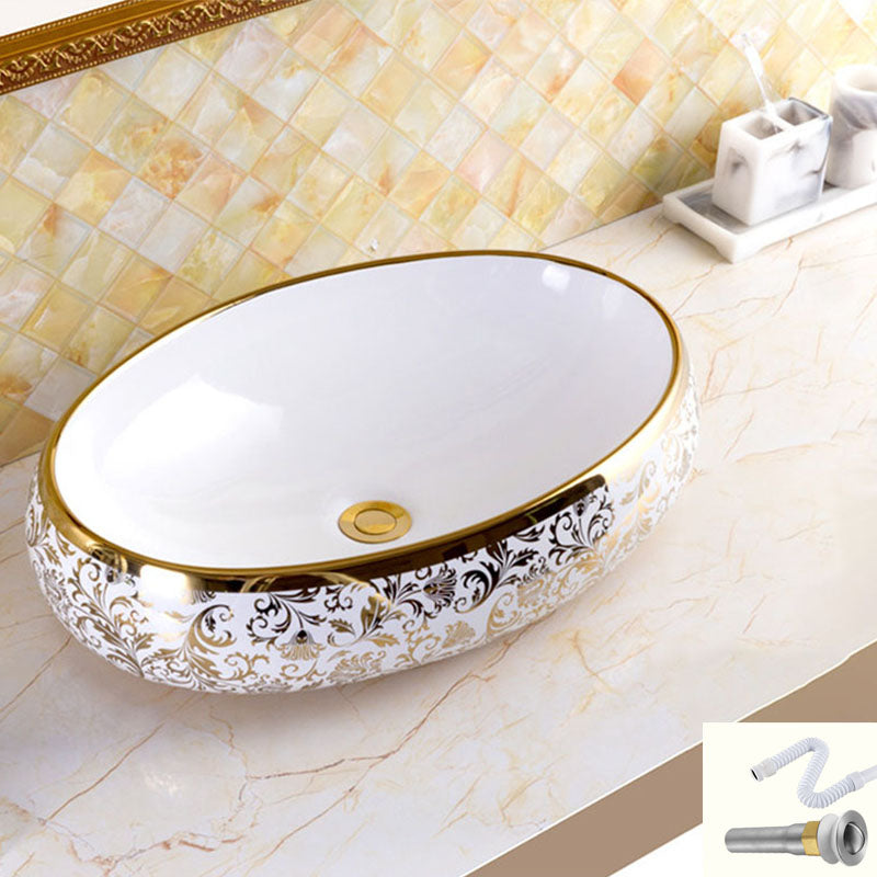 Traditional Vessel Sink Oval Porcelain with Pop-Up Drain and Faucet Vessel Lavatory Sink 23.6"L x 15.7"W x 5.9"H Gold Sink Clearhalo 'Bathroom Remodel & Bathroom Fixtures' 'Bathroom Sinks & Faucet Components' 'Bathroom Sinks' 'bathroom_sink' 'Home Improvement' 'home_improvement' 'home_improvement_bathroom_sink' 7253546