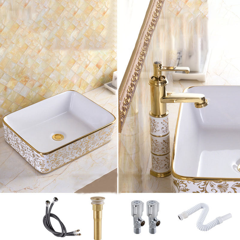 Traditional Vessel Sink Porcelain with Pop-Up Drain and Faucet Vessel Lavatory Sink 19"L x 15"W x 5"H White Gold Sink with Faucet Clearhalo 'Bathroom Remodel & Bathroom Fixtures' 'Bathroom Sinks & Faucet Components' 'Bathroom Sinks' 'bathroom_sink' 'Home Improvement' 'home_improvement' 'home_improvement_bathroom_sink' 7253550