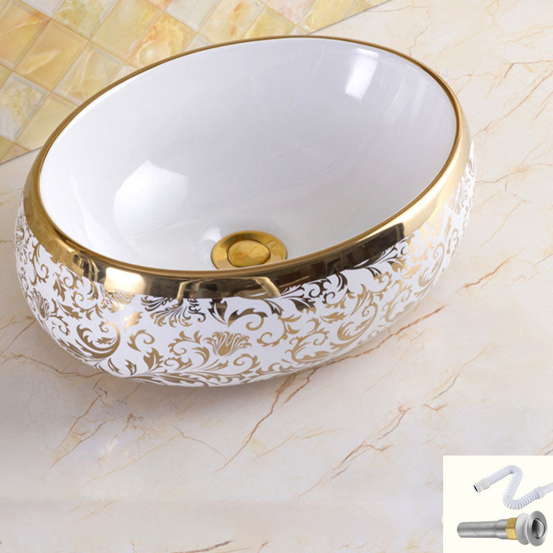 Traditional Vessel Sink Oval Porcelain with Pop-Up Drain and Faucet Vessel Lavatory Sink 16"L x 12"W x 5"H Gold Sink Clearhalo 'Bathroom Remodel & Bathroom Fixtures' 'Bathroom Sinks & Faucet Components' 'Bathroom Sinks' 'bathroom_sink' 'Home Improvement' 'home_improvement' 'home_improvement_bathroom_sink' 7253552