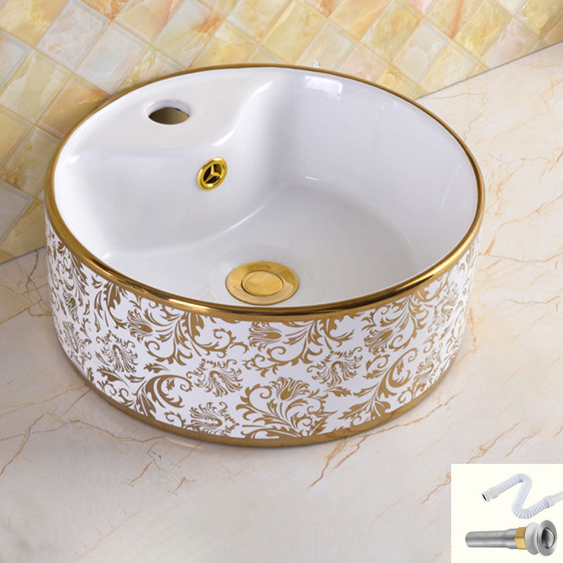 Traditional Vessel Sink Porcelain with Pop-Up Drain and Faucet Vessel Lavatory Sink 14"L x 14"W x 5"H Gold-White Sink Clearhalo 'Bathroom Remodel & Bathroom Fixtures' 'Bathroom Sinks & Faucet Components' 'Bathroom Sinks' 'bathroom_sink' 'Home Improvement' 'home_improvement' 'home_improvement_bathroom_sink' 7253554