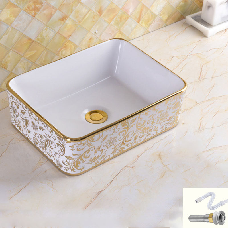 Traditional Vessel Sink Oval Porcelain with Pop-Up Drain and Faucet Vessel Lavatory Sink 16"L x 12"W x 5"H White/ Gold Sink Clearhalo 'Bathroom Remodel & Bathroom Fixtures' 'Bathroom Sinks & Faucet Components' 'Bathroom Sinks' 'bathroom_sink' 'Home Improvement' 'home_improvement' 'home_improvement_bathroom_sink' 7253556