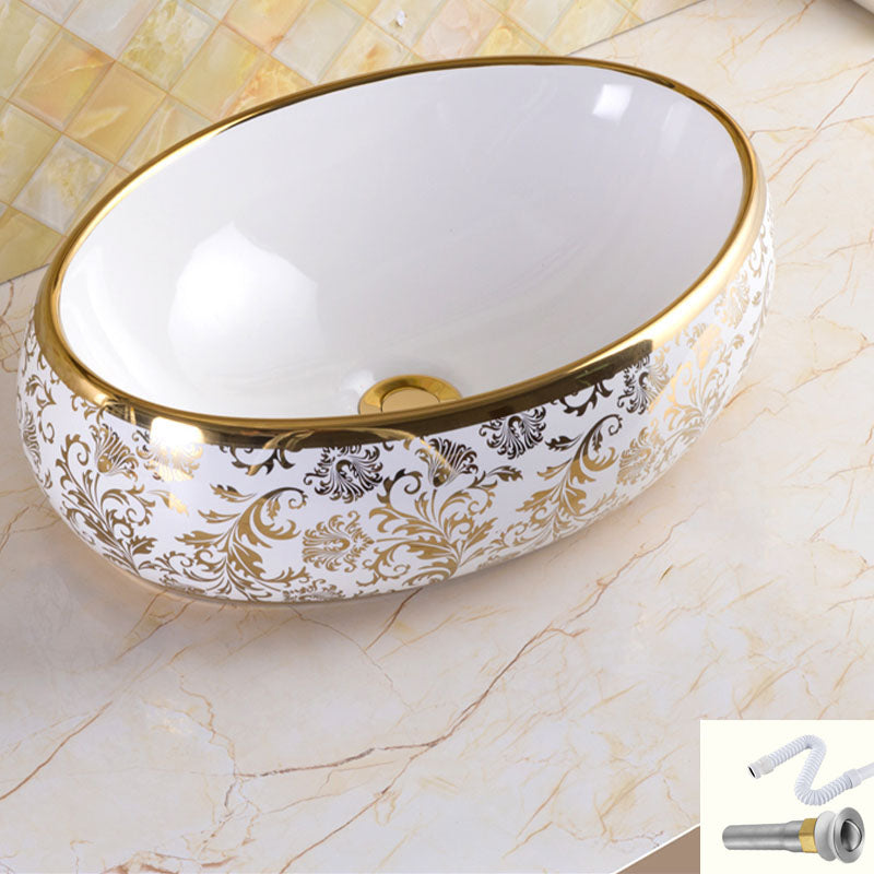 Traditional Vessel Sink Oval Porcelain with Pop-Up Drain and Faucet Vessel Lavatory Sink 19"L x 13"W x 6"H Gold Sink Clearhalo 'Bathroom Remodel & Bathroom Fixtures' 'Bathroom Sinks & Faucet Components' 'Bathroom Sinks' 'bathroom_sink' 'Home Improvement' 'home_improvement' 'home_improvement_bathroom_sink' 7253558