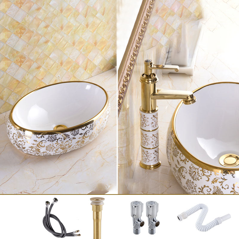 Traditional Vessel Sink Oval Porcelain with Pop-Up Drain and Faucet Vessel Lavatory Sink 19"L x 13"W x 6"H Gold Sink with Faucet Clearhalo 'Bathroom Remodel & Bathroom Fixtures' 'Bathroom Sinks & Faucet Components' 'Bathroom Sinks' 'bathroom_sink' 'Home Improvement' 'home_improvement' 'home_improvement_bathroom_sink' 7253559