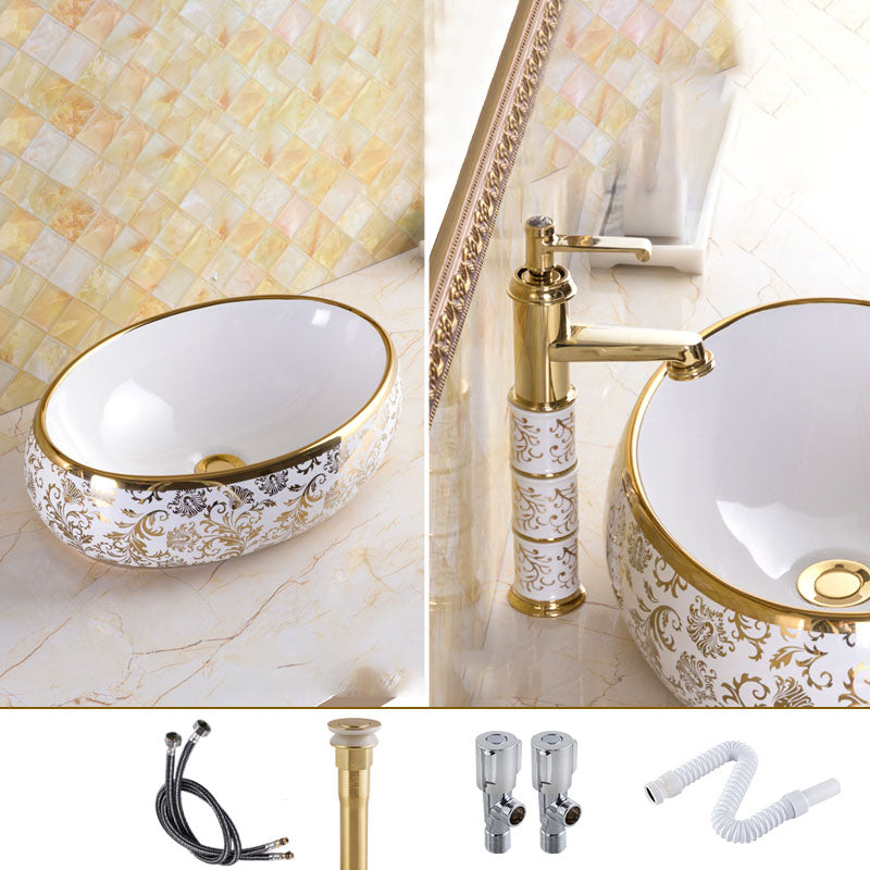 Traditional Vessel Sink Porcelain with Pop-Up Drain and Faucet Vessel Lavatory Sink 19"L x 13"W x 6"H Gold Sink with Faucet Clearhalo 'Bathroom Remodel & Bathroom Fixtures' 'Bathroom Sinks & Faucet Components' 'Bathroom Sinks' 'bathroom_sink' 'Home Improvement' 'home_improvement' 'home_improvement_bathroom_sink' 7253559
