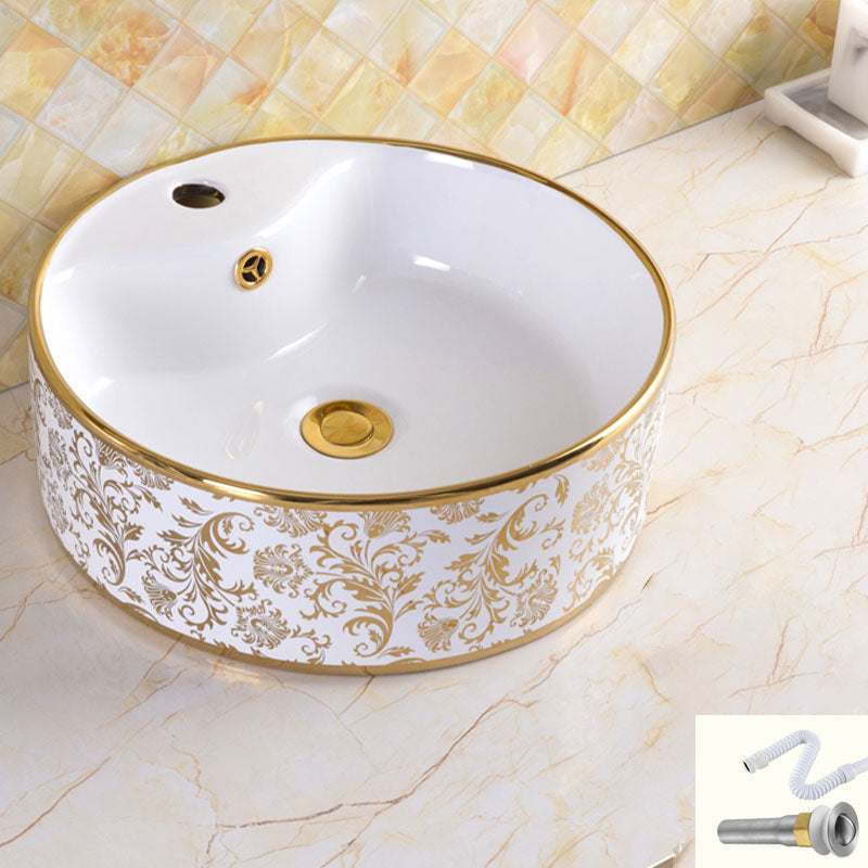 Traditional Vessel Sink Porcelain with Pop-Up Drain and Faucet Vessel Lavatory Sink 15.9"L x 15.9"W x 5.7"H Gold-White Sink Clearhalo 'Bathroom Remodel & Bathroom Fixtures' 'Bathroom Sinks & Faucet Components' 'Bathroom Sinks' 'bathroom_sink' 'Home Improvement' 'home_improvement' 'home_improvement_bathroom_sink' 7253560