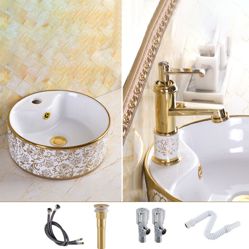 Traditional Vessel Sink Oval Porcelain with Pop-Up Drain and Faucet Vessel Lavatory Sink 14"L x 14"W x 5"H Gold-White Sink with Faucet Clearhalo 'Bathroom Remodel & Bathroom Fixtures' 'Bathroom Sinks & Faucet Components' 'Bathroom Sinks' 'bathroom_sink' 'Home Improvement' 'home_improvement' 'home_improvement_bathroom_sink' 7253561